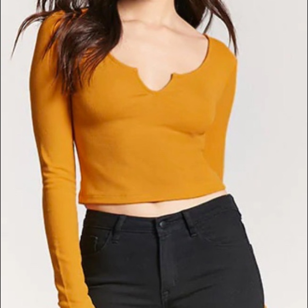3/$18 Gold Ribbed Knit Split-Neck Crop Top